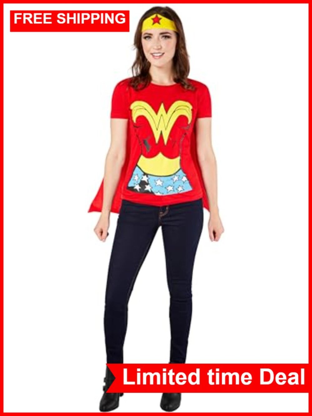 Wonder Woman Costume T-Shirt with Cape and Headband for Adults